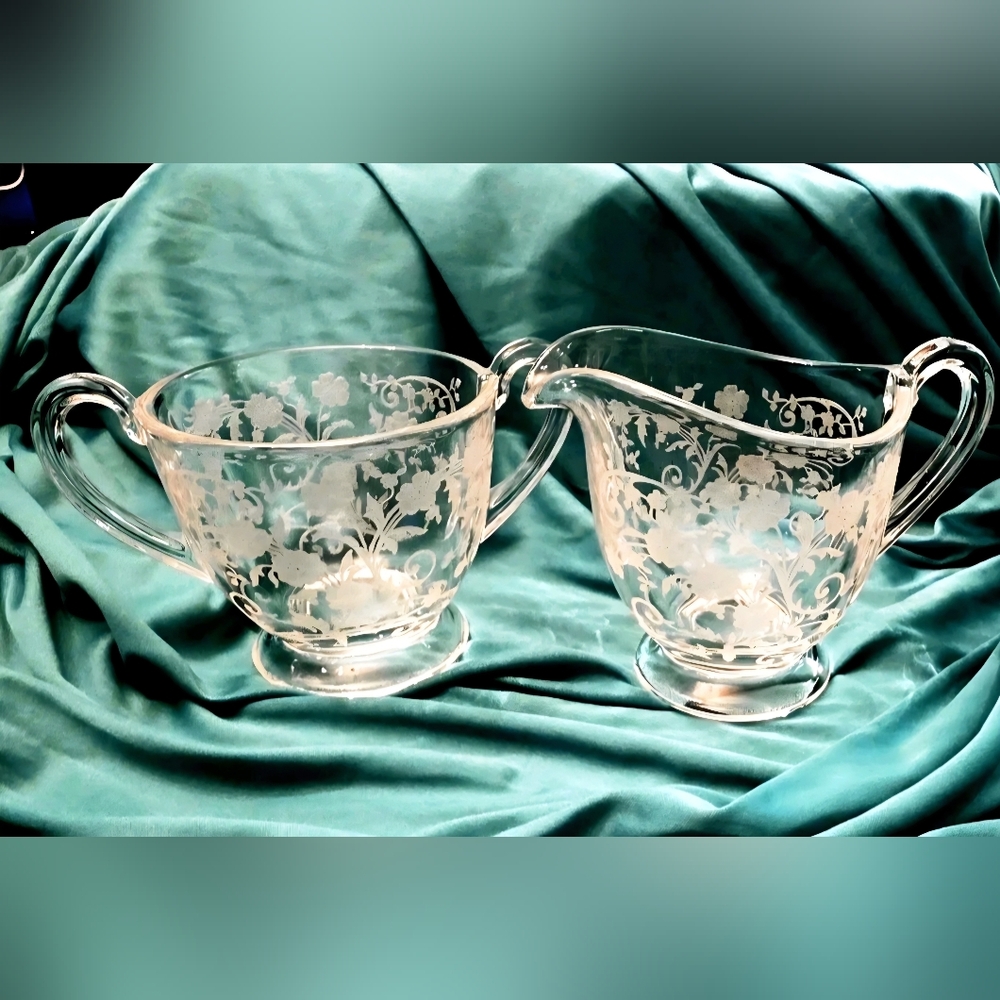 Vintage Cambridge Etched "Buttercup" Crystal Sugar & Creamer set. UV Reactive.